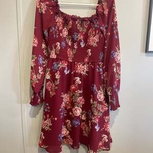 Xhilaration Burgundy Floral Smocked Long Sleeve Square Neck Mini Dress